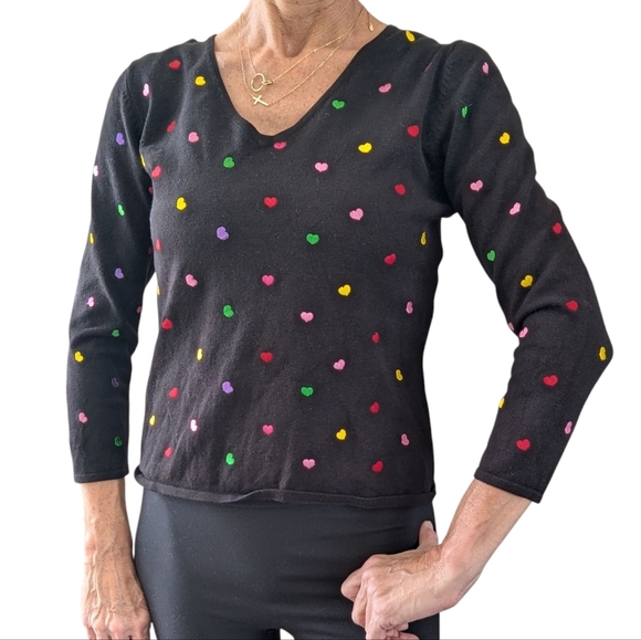 Etoile Women’s Shrunken Crew Neck Multicolor Embroidered Hearts - Picture 1 of 8